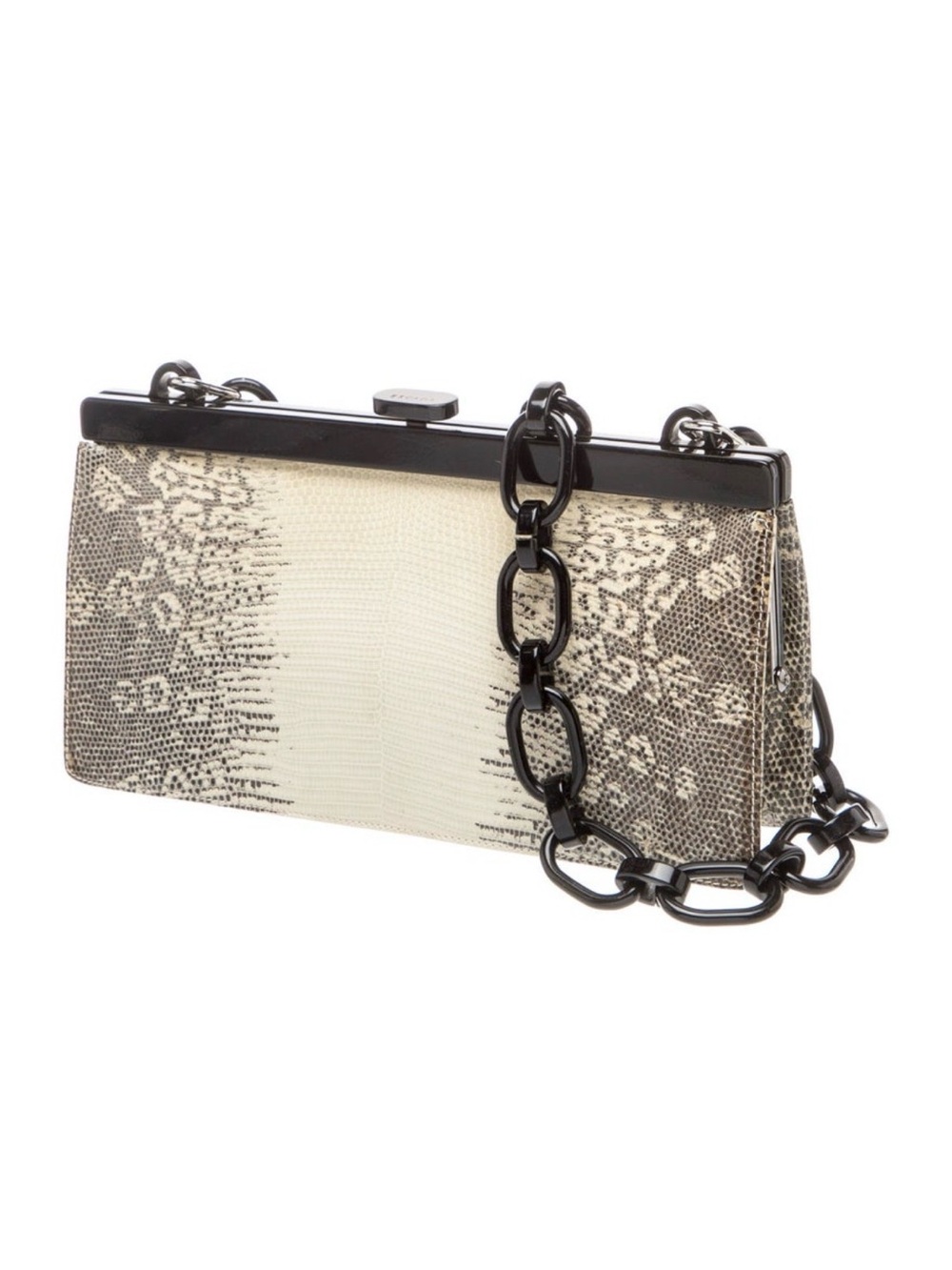 Escada Lizard Embossed Leather Frame Bag Black Chain Strap Snakeskin Clutch